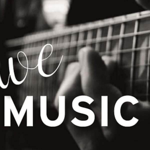 Black and white close-up of a hand playing a guitar, with "Live Music" text overlay.