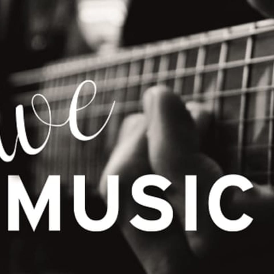 Black and white close-up of a hand playing a guitar, with "Live Music" text overlay.