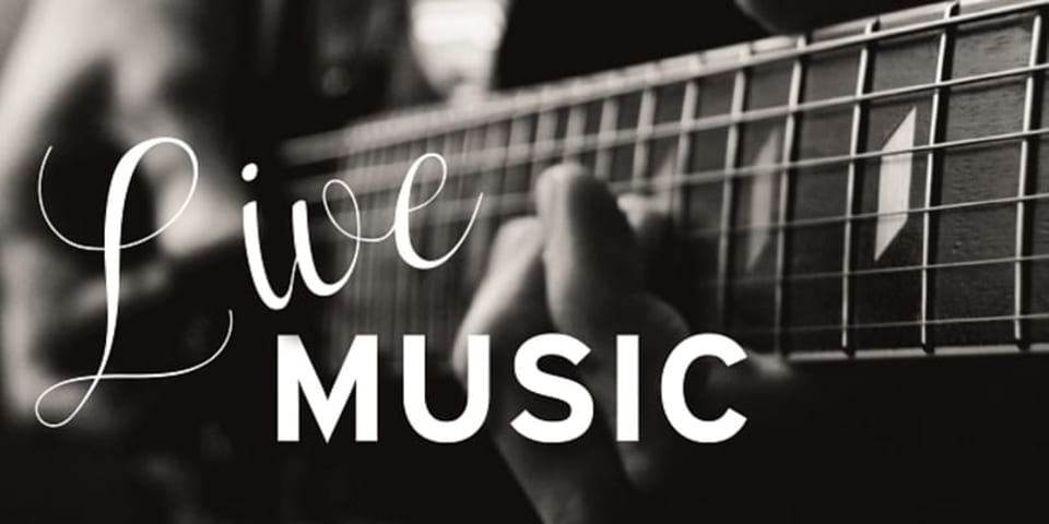 Black and white close-up of a hand playing a guitar, with "Live Music" text overlay.