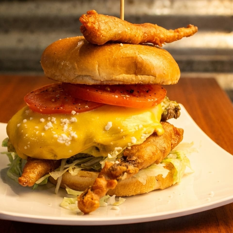 A towering burger with melted cheese, tomatoes, lettuce, and crispy fried shrimp on a white plate.