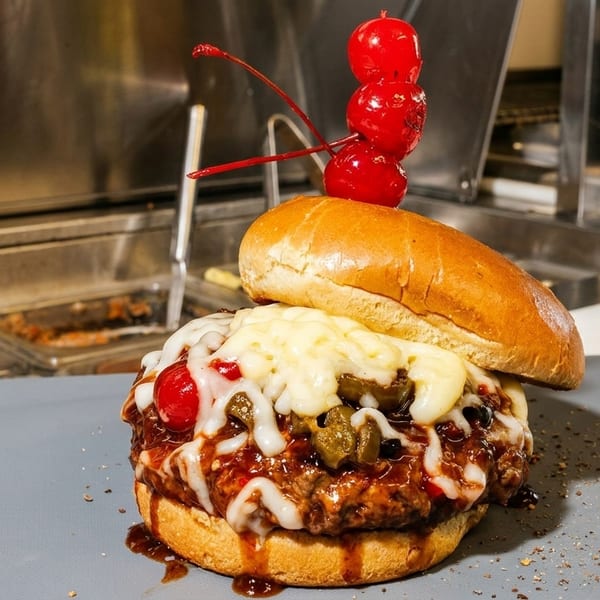 A large burger with melted cheese, sauce, and cherries on a bun, on a gray cutting board.