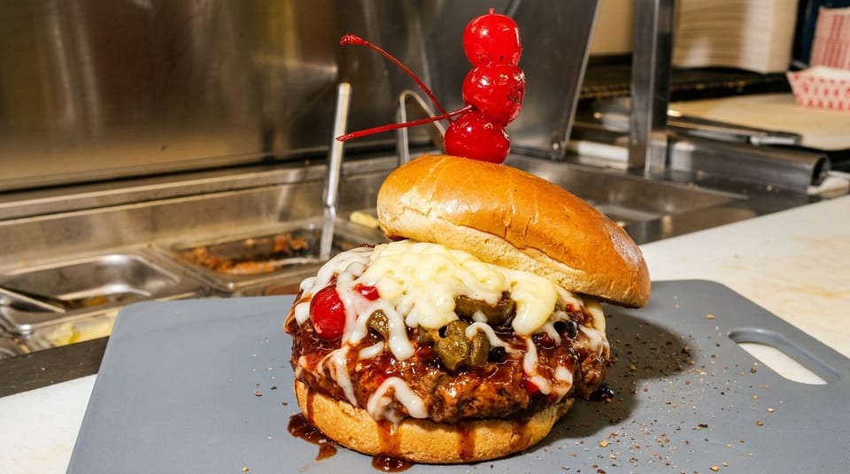 A large burger with melted cheese, sauce, and cherries on a bun, on a gray cutting board.