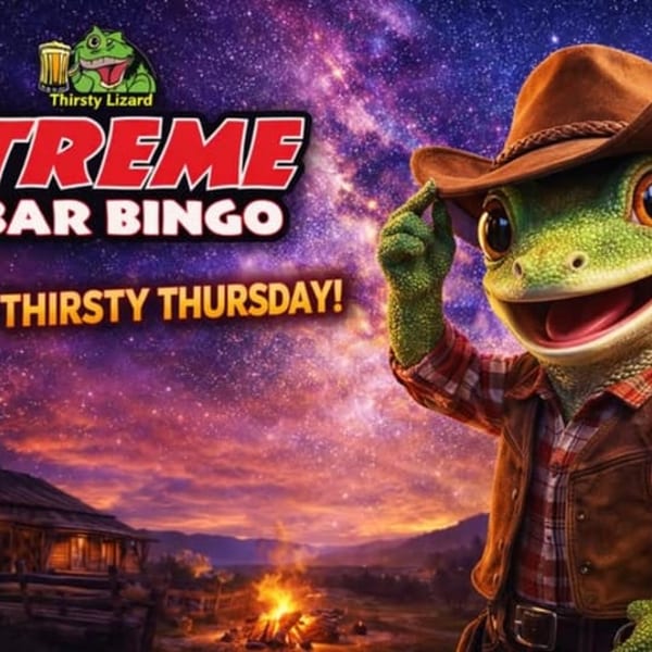 Thirsty Lizard mascot in a cowboy hat, with "Xtreme Bar Bingo Every Thirsty Thursday!" text.