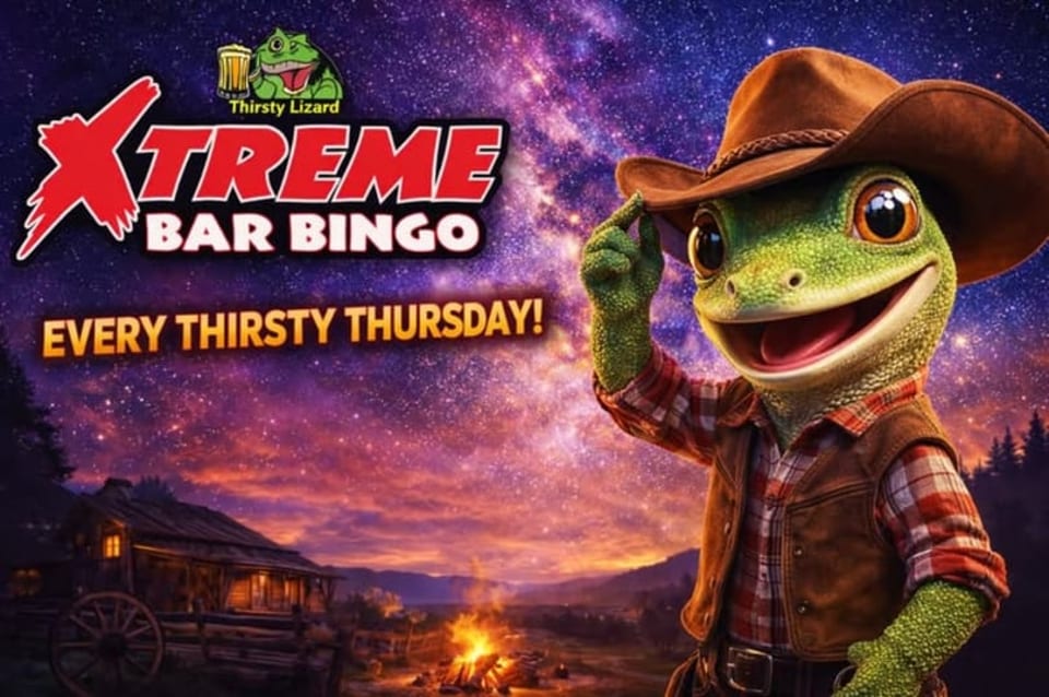 Thirsty Lizard mascot in a cowboy hat, with "Xtreme Bar Bingo Every Thirsty Thursday!" text.