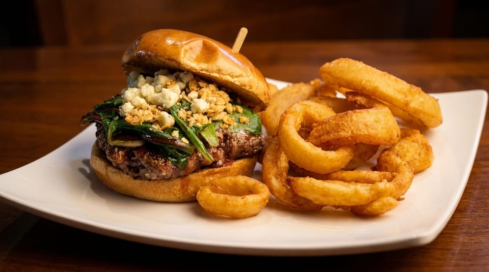 Gourmet burger with blue cheese, greens, and crispy onion rings on a white plate.
