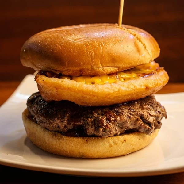 Juicy cheeseburger with a thick patty and melted cheese on a toasted bun, served on a white plate.
