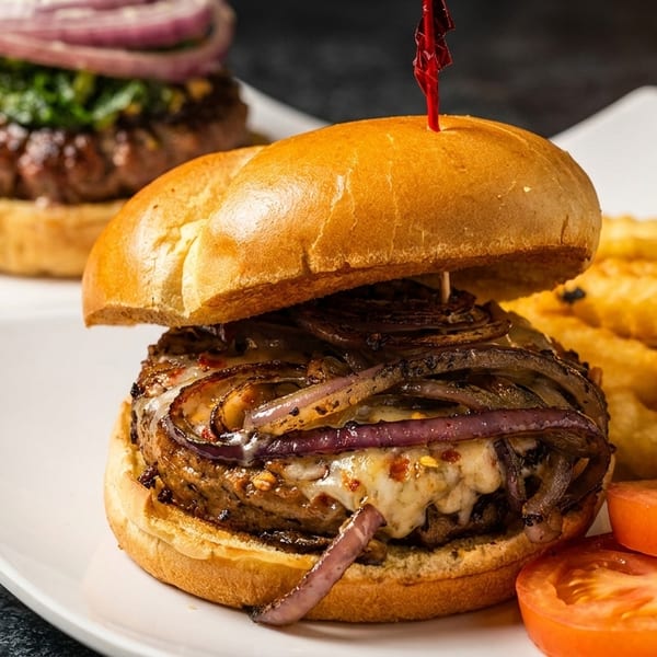 Gourmet burger with caramelized onions and melted cheese, served with crinkle-cut fries, tomato, and pickles.