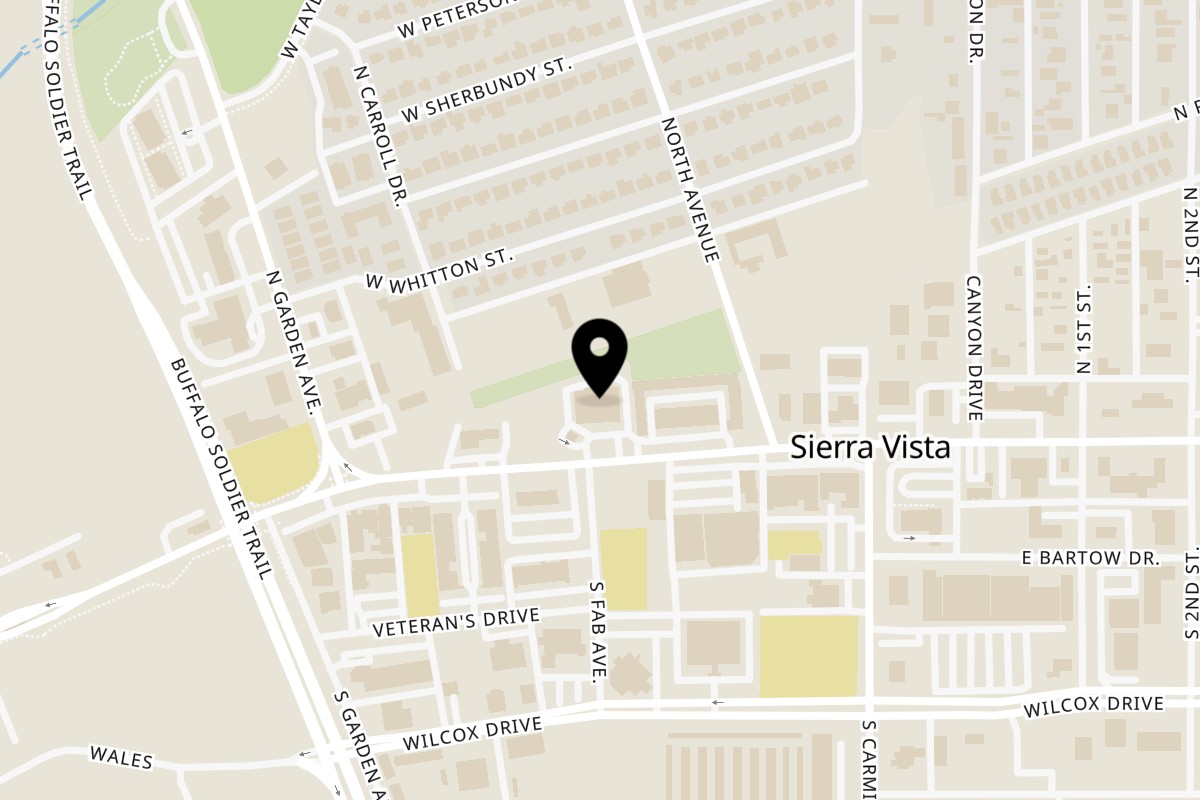 Map showing the location of The Thirsty Lizard Oasis on 325 W Fry Blvd in Sierra Vista